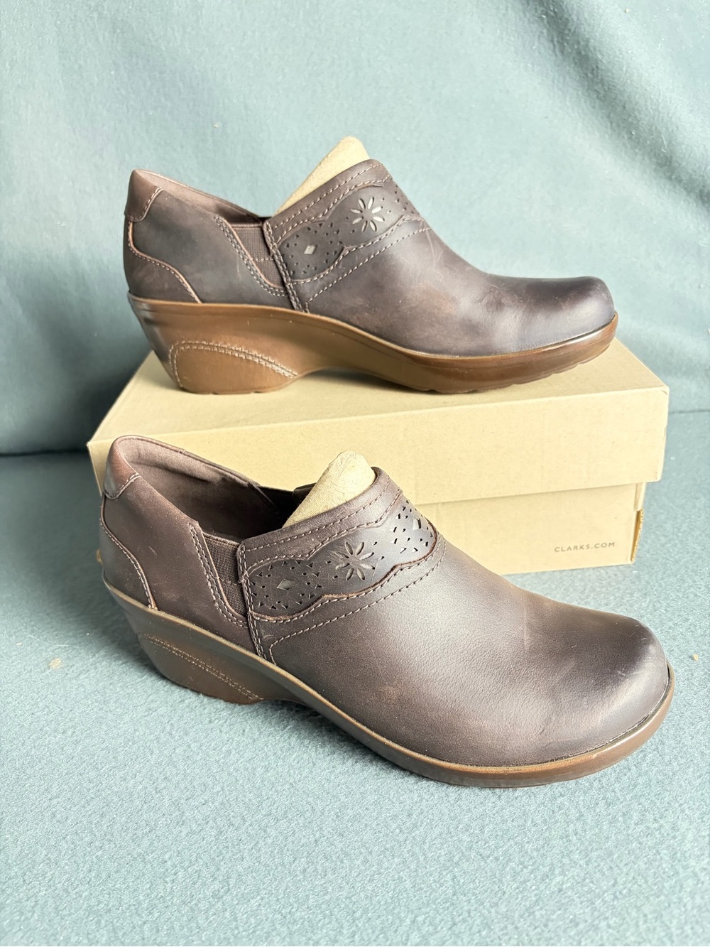 Clarks Marion Helen Clogs Shoes Dark Brown Leather Slip On Heels Women’s 7.5 M